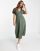 Asos Design Waisted Midi Tea Dress With Buttons In Khaki-green