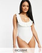 Fashion Union Exclusive High Leg Swimsuit With Square Neck And Ruffle Detail In Texture White
