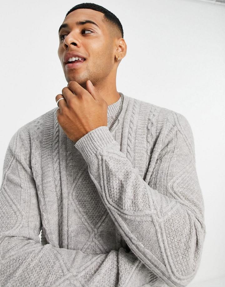 Asos Design Cable Knit Lambswool Crew Neck Sweater In Gray-grey