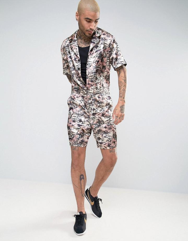 Asos Short Boilersuit In Pink Eastern Style Print - Pink
