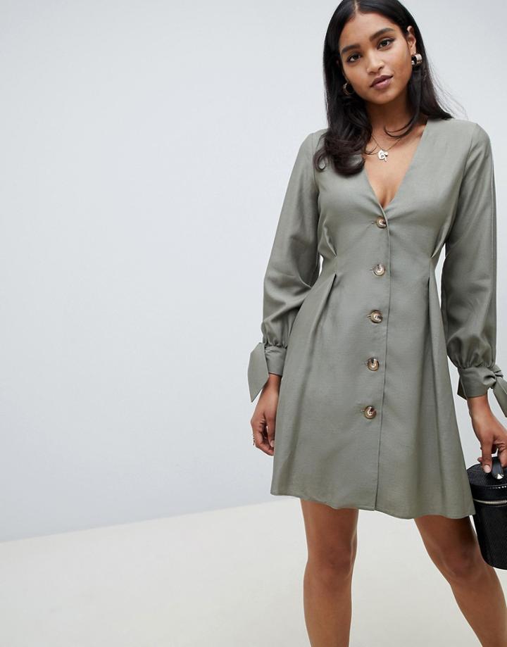 Asos Design Button Through Mini Skater Dress With Tie Sleeves-green