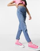 Topshop Recycled Cotton Blend Mom Jeans With Ripped Hems In Mid Blue-blues