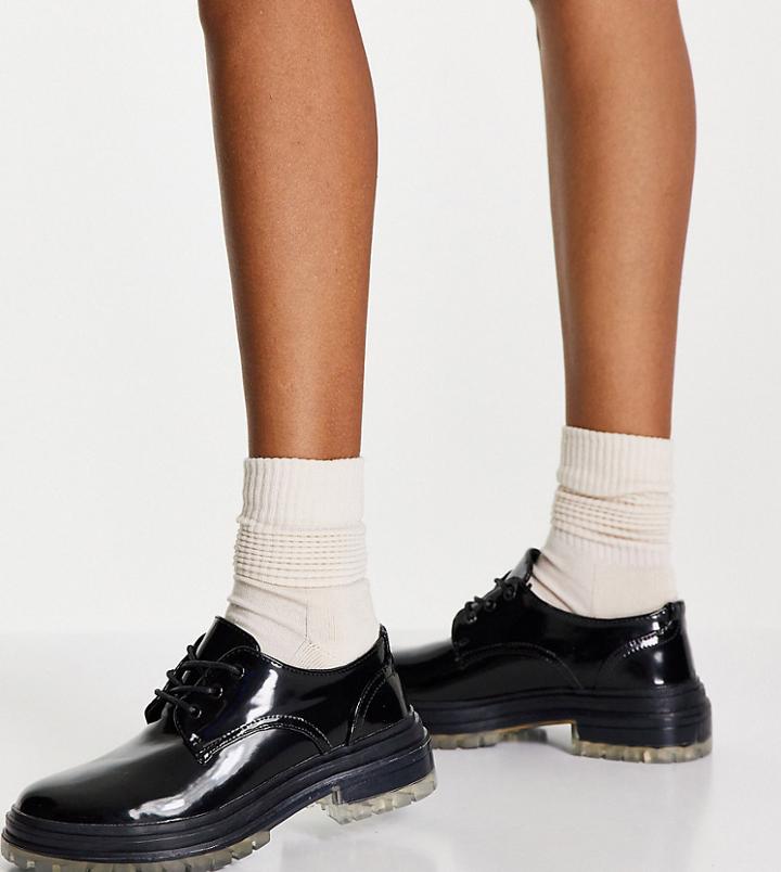 Schuh Laguna Exclusive Chunky Lace-up Flat Shoes With Clear Soles In Black Patent