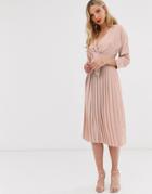 Asos Design Pleated Tie Front Midi Dress-pink