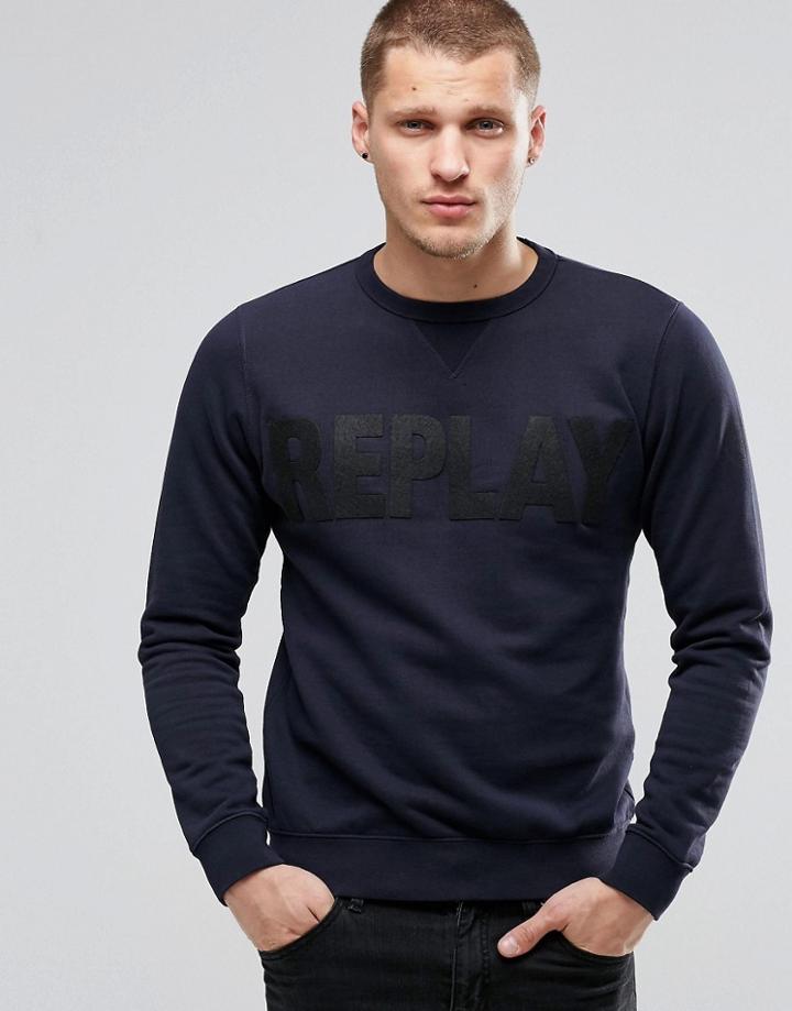 Replay Tonal Felt Logo Crew Sweatshirt In Navy - Navy