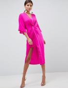 Asos Design Knot Front Kimono Midi Dress - Pink