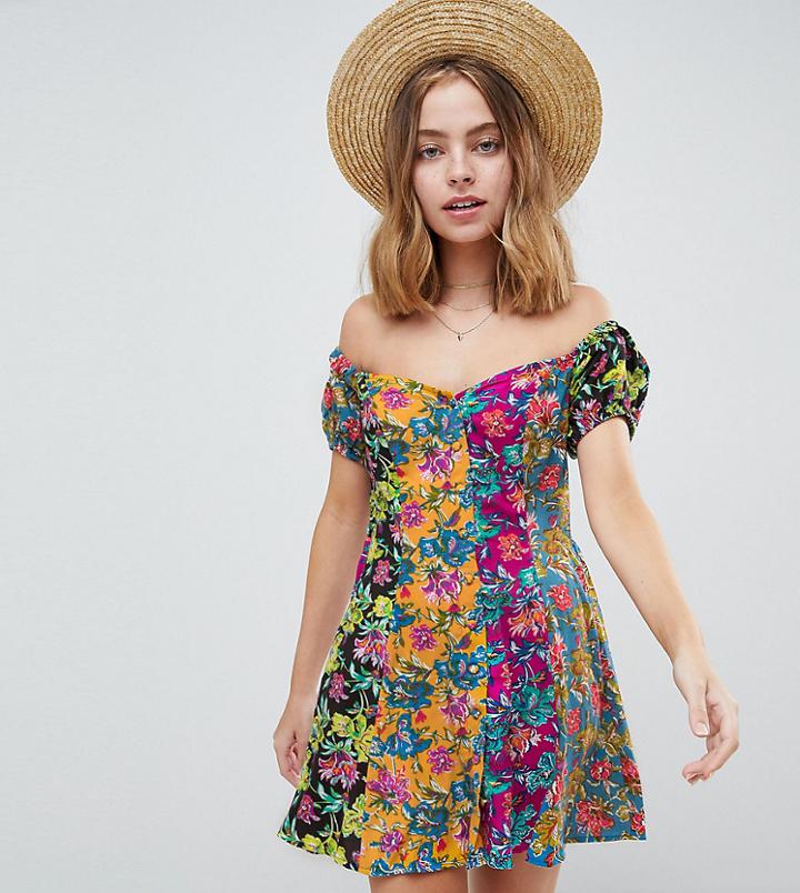 Asos Petite Off The Shoulder Mixed Print Button Through Sundress - Multi