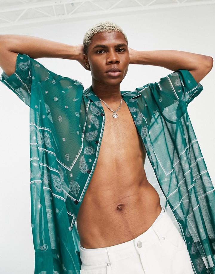 Asos Design Relaxed Revere Shirt In Green Sheer Paisley Border Print