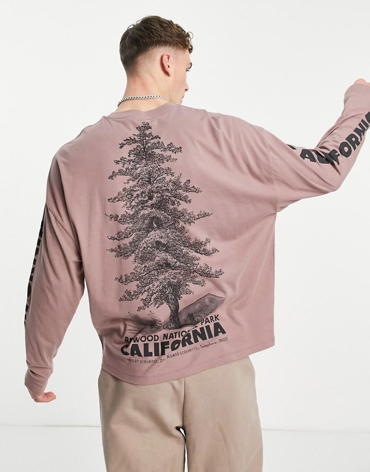 Asos Design Oversized Long Sleeve T-shirt In Light Pink With Outdoors Back And Sleeve Print