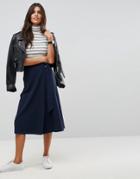Asos Tailored Midi Skirt With Pleat And Solid Detail - Navy