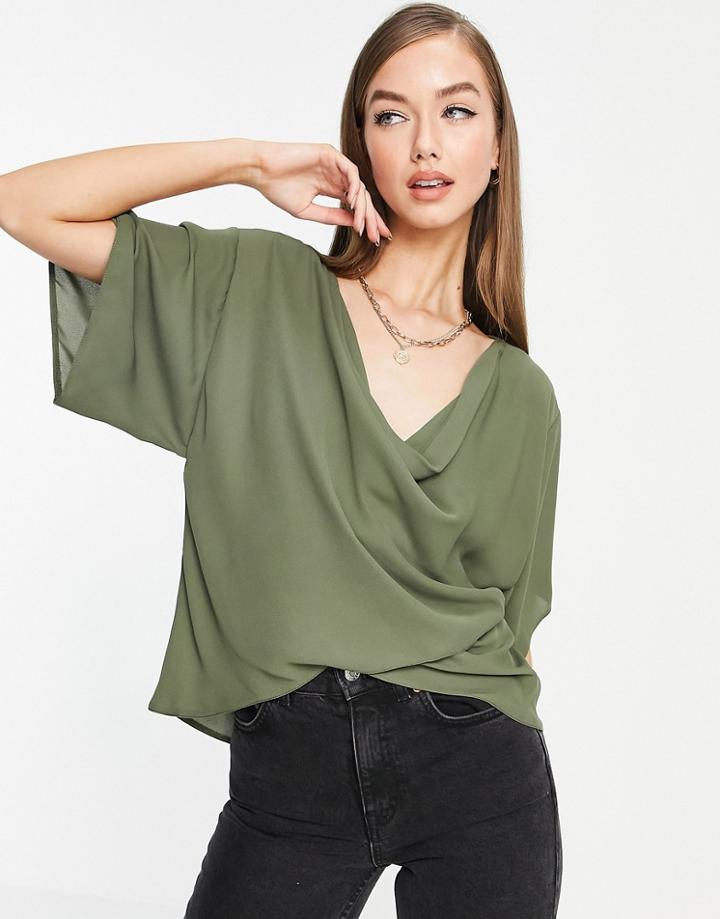 Asos Design Cowl Neck Top With Wrap Hem Detail In Khaki-green