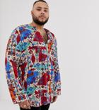 Asos Design Plus Regular Longline Overhead Shirt In Geo-tribal Print - White