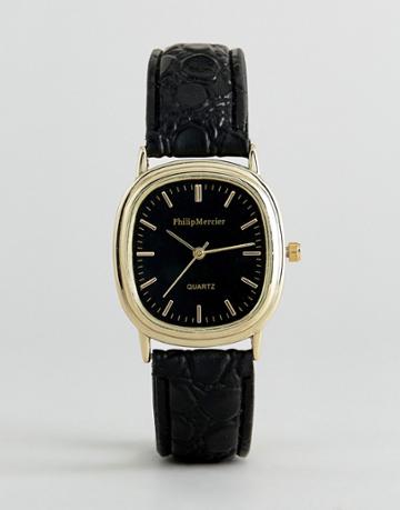 Philip Mercier Black Strap Watch With Oval Dial - Black
