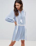 The English Factory Long Sleeve Smock Dress With Lace Trim And Slip Dress - Blue