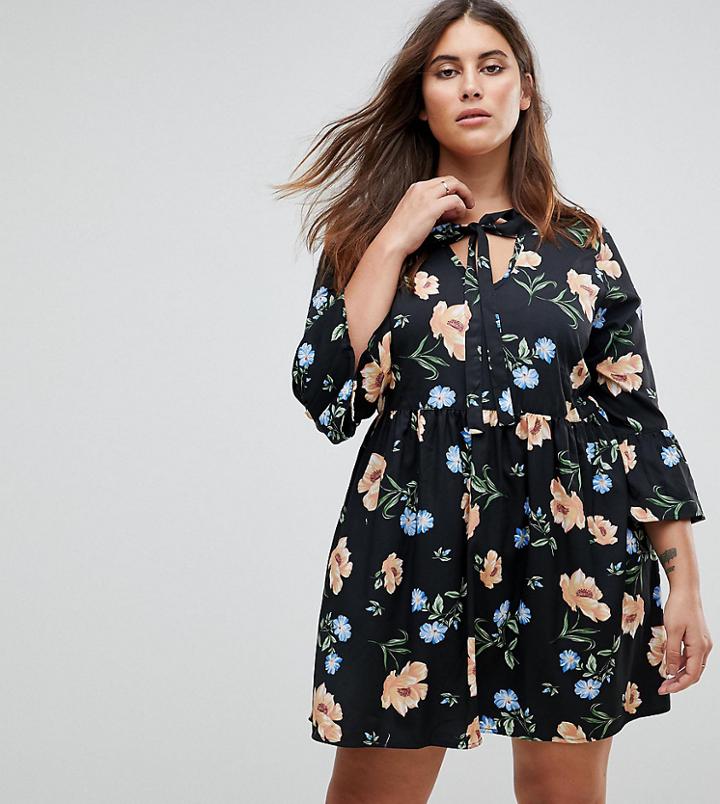 Influence Plus Tie Floral Smock Dress - Black