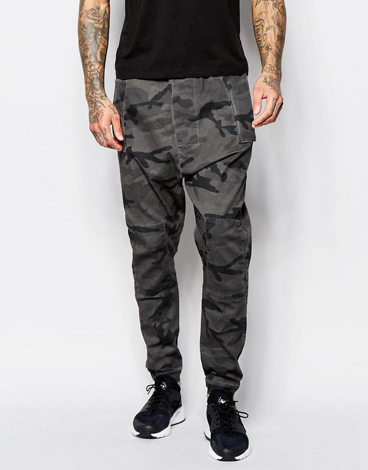 Asos Drop Crotch Joggers In Gray Camo Twill Overdye - Gray