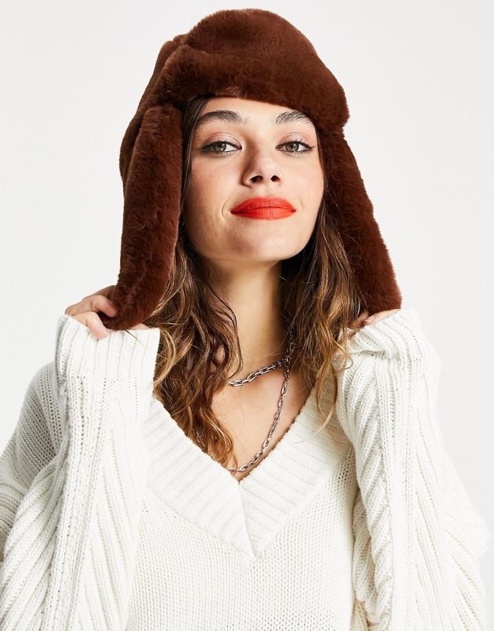 Asos Design Faux Fur Trapper Hat In Brown