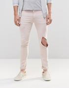 Asos Super Skinny Jeans With Open Rips In Light Pink - Light Pink