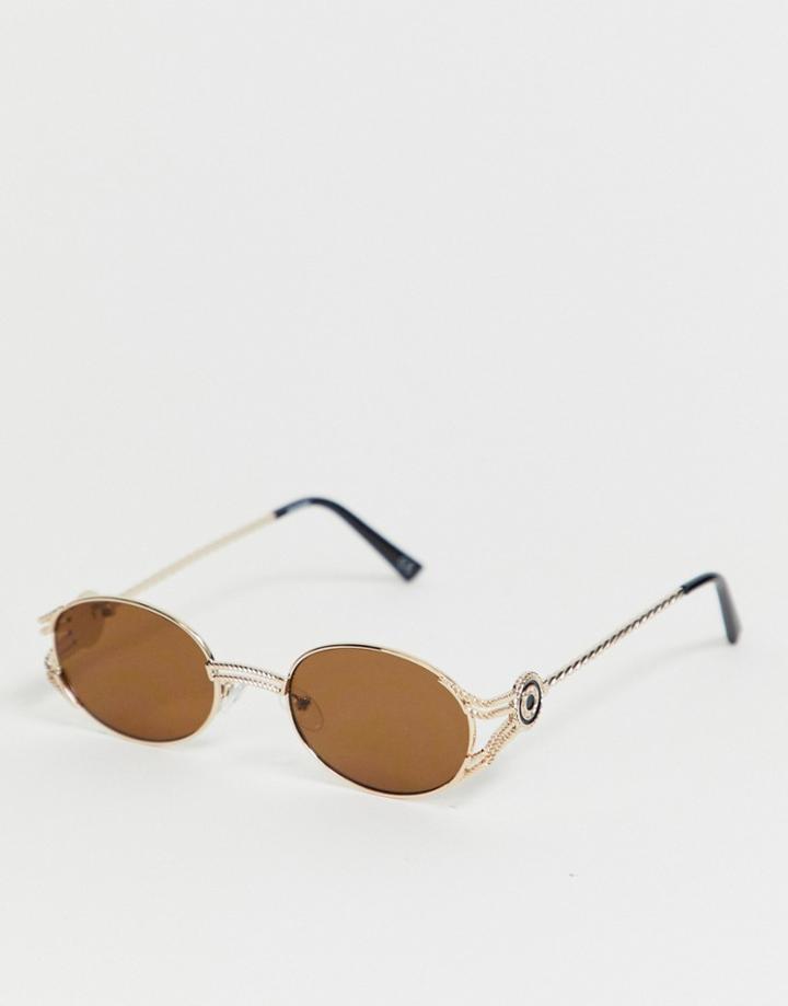 Asos Design Oval Sunglasses In Gold And Brown Lense With Arm Detail - Brown