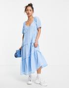 Neon Rose Midi Milkmaid Dress With Frill Trim-blues