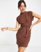 Closet London Obi Belt Mini Dress In Chocolate-brown