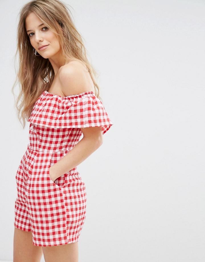 New Look Gingham Bardot Romper - Red