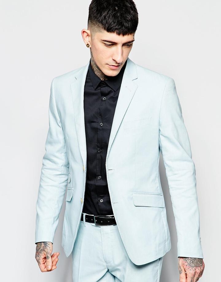 Devil's Advocate Skinny Stretch Fit Herringbone Suit Jacket - Blue