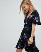 Nobody's Child Wrap Dress In Floral With Frill Hem - Purple