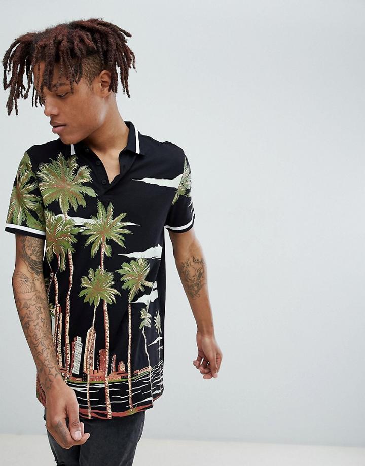 Asos Design Longline Polo With Landscape Print - Black