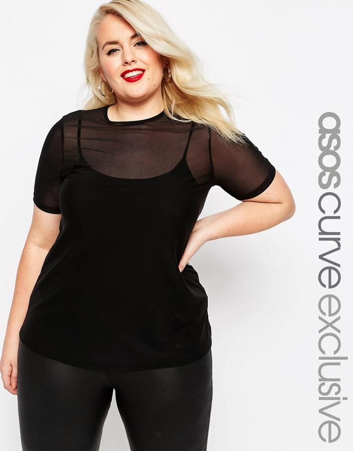 Asos Curve Mesh T-shirt With Cami - Black