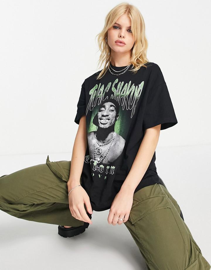 Bershka Tupac Slogan Oversized Tee In Acid Wash Gray