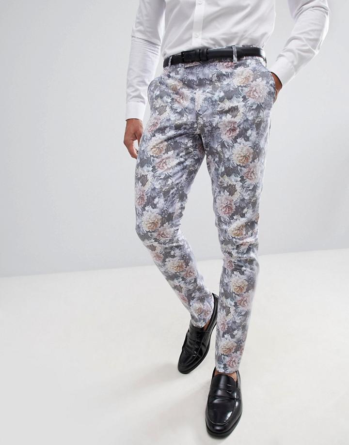 Boohooman Wedding Skinny Fit Suit Pants With Floral Print In Multi - Multi
