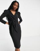 Little Mistress Puff Shoulder Tie Front Detail Midi Dress-black