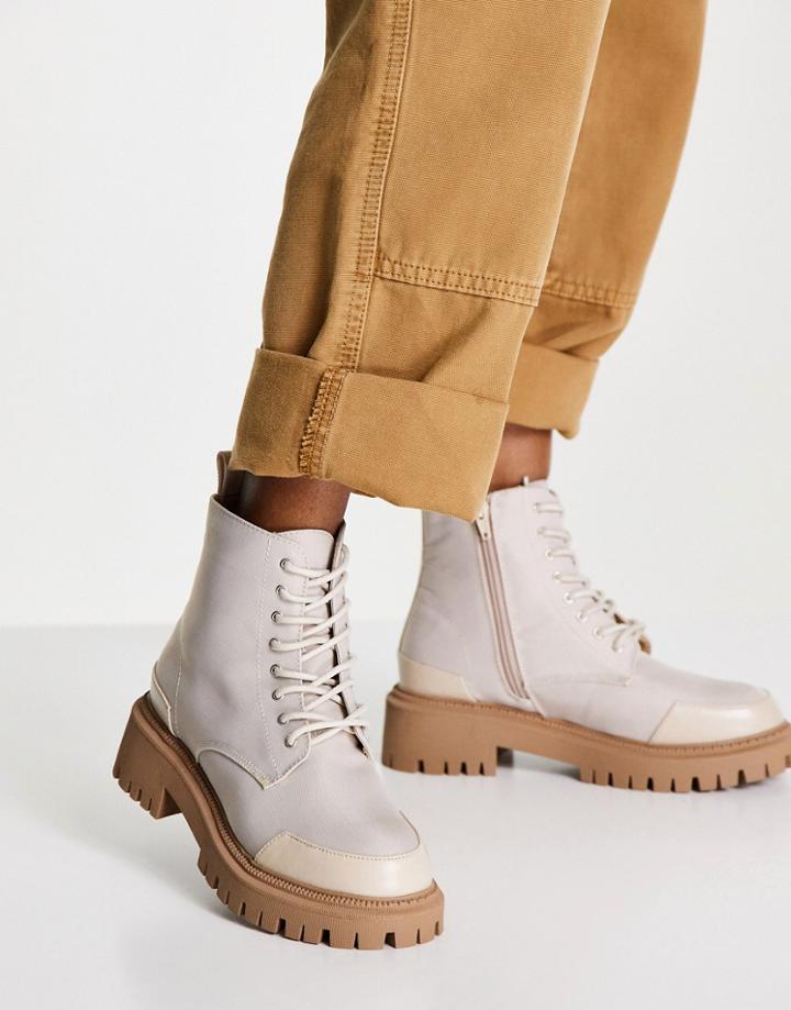 London Rebel Chunky Lace Up Ankle Boots With Toe Cap In Beige-neutral