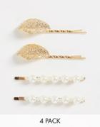 Designb London Pack Of 4 Leaf And Pearl Hair Clips-gold
