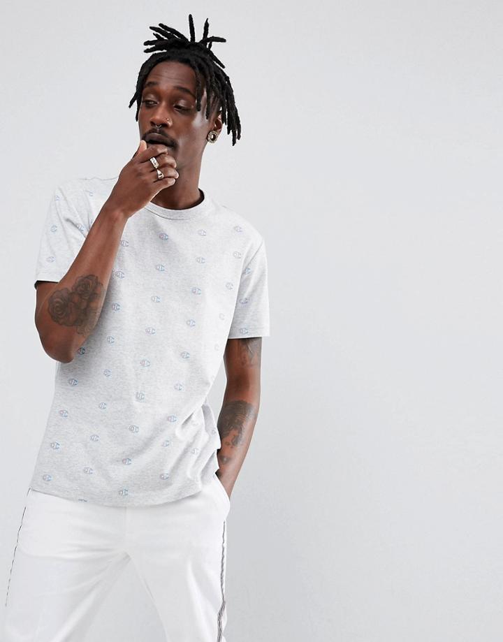 Champion T-shirt With All Over Logo Print In Gray - Gray