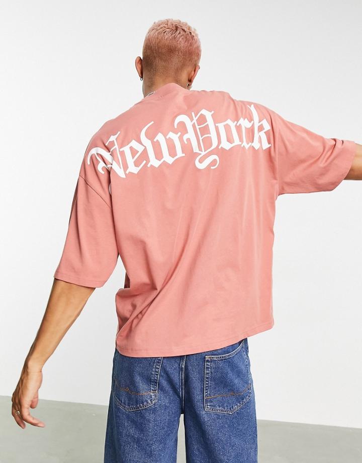 Asos Design Oversized T-shirt In Burnt Orange Organic Cotton With New York City Print-pink