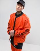 Granted Oversized Bomber Jacket In Orange With Sleeve Print - Orange
