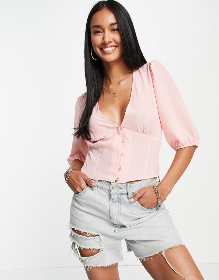 Asos Design Button Front Tea Blouse With Volume Sleeve And Tie Back Detail In Rose-pink