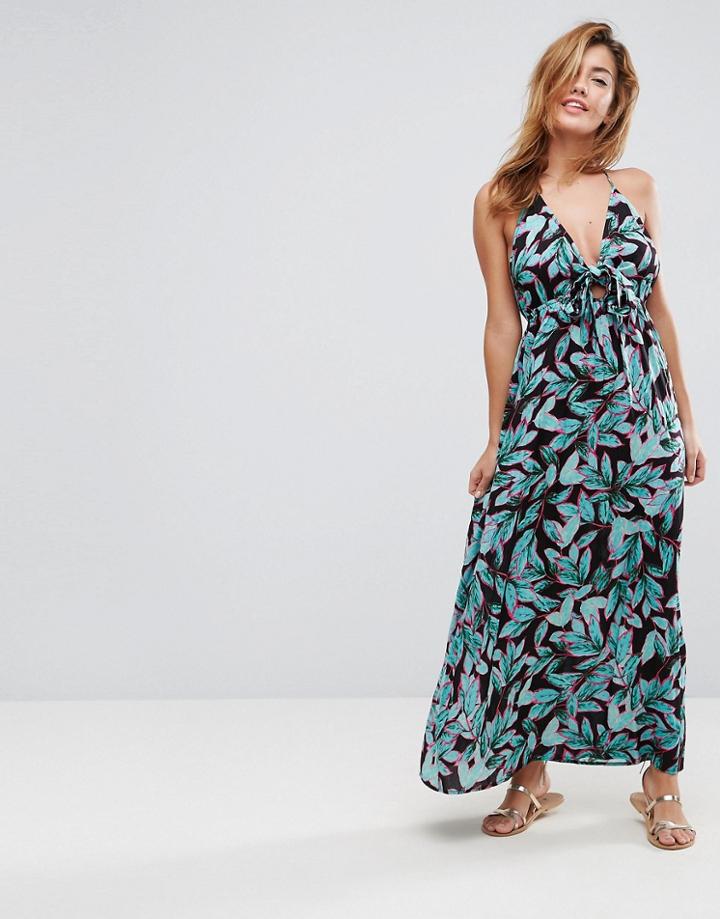 Asos Woven Tie Front Maxi Beach Dress In Tropical Pop Print - Multi