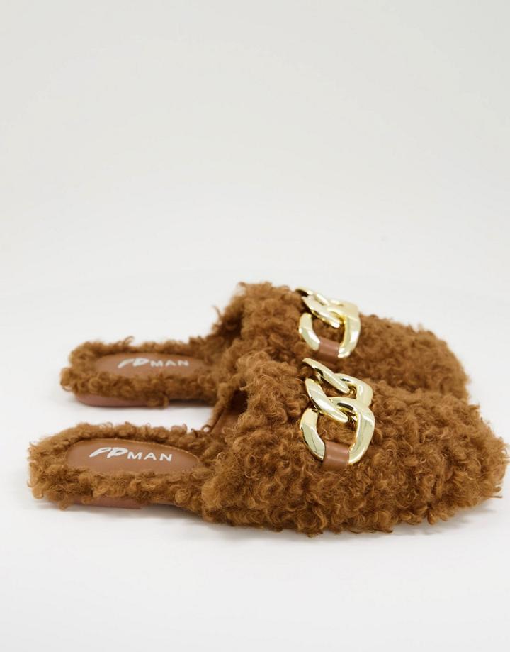 Public Desire Man Ranger Curly Faux Fur Slippers In Tan-brown