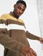 Asos Design Knitted Ribbed Half Zip Sweater With Color Block Chest Stripes In Tan-brown