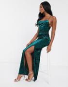 Club L London Velvet Square Neck Maxi Dress With Thigh Split In Green
