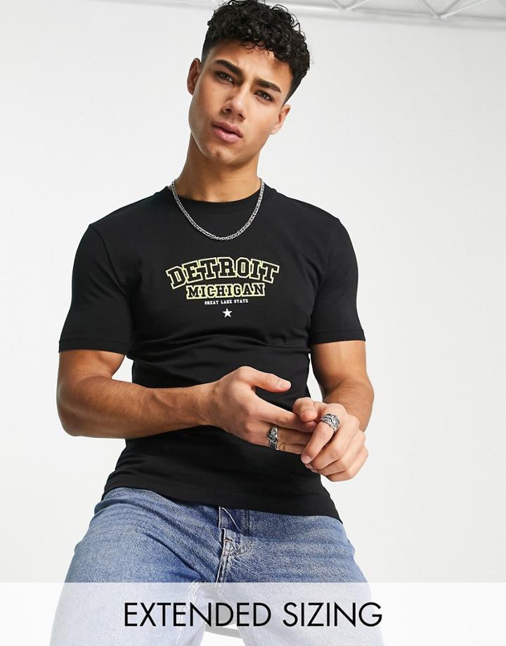 Asos Design Muscle Fit T-shirt In Black With Detroit City Print