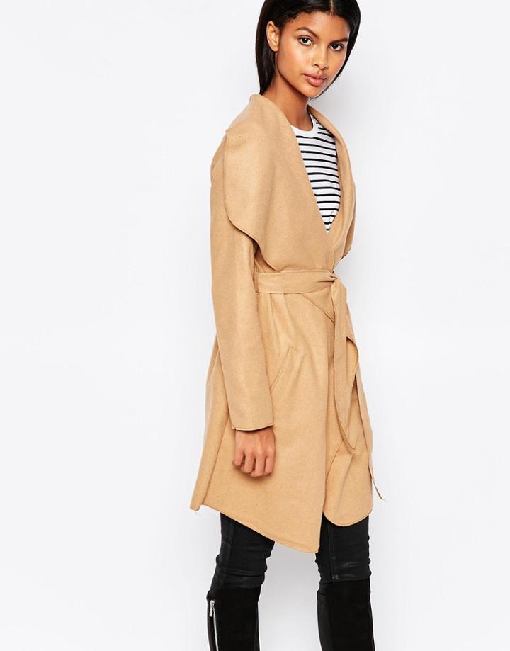 Brave Soul Belted Coat With Oversized Collar - Camel