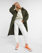 Asos Design Double Layered Quilted Parka In Khaki-green