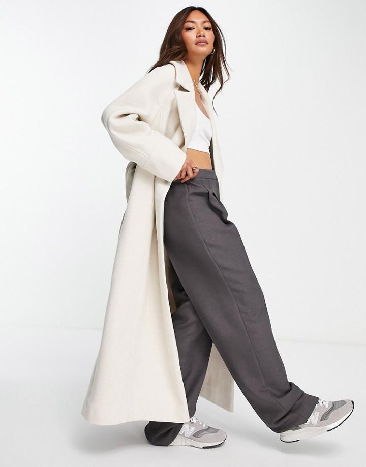 Asos Edition Longline Double Breasted Belted Wool Mix Coat In Oatmeal-white