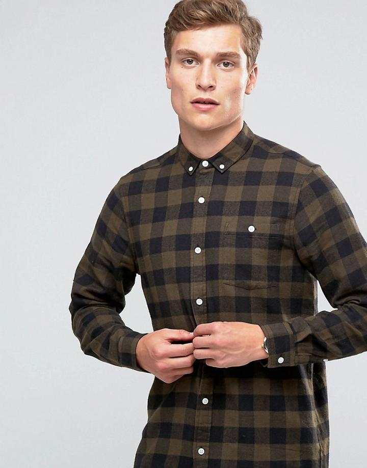 Asos Long Sleeve Super Longline Buffalo Shirt In Khaki - Green