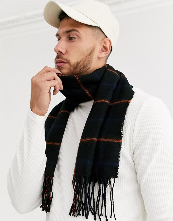 Asos Design Standard Woven Scarf In Black With Navy And Orange Check