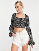 Love Triangle Long Sleeve Tie Front Crop Top In Ditsy Floral - Part Of A Set-multi